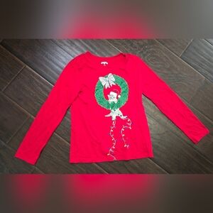 Holiday Time Girls Red Long Sleeve Christmas Wreath Cat Tee Large